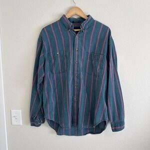Vintage American Blue Striped Collared Button Up Mens XL Made in USA 100% Cotton